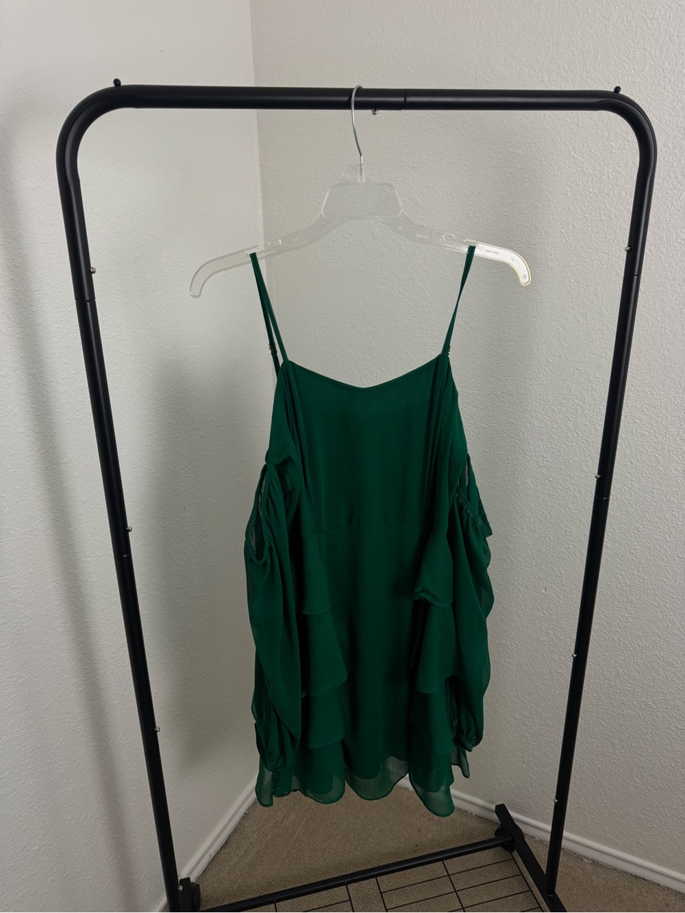 Emerald Green Ruffle Layered Flowy Strap Dress